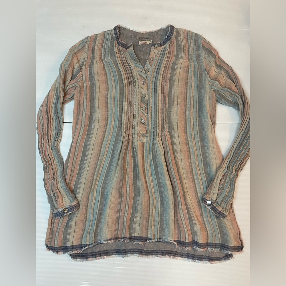 Faherty Evening Playa Stripe Linen Blend Pintuck Tunic Size Small